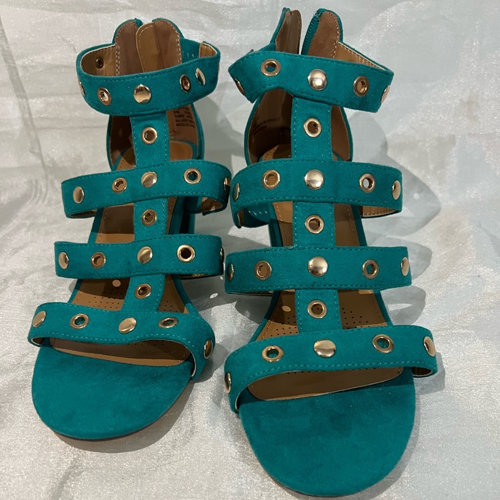 Comfortview Teal Gladiator Sandals Women Size 9 Gold Studded Heels NWT